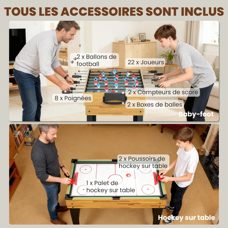 SPORTNOW Table multijeux 13 en 1, table de jeu baby-foot, billard, ping-pong, 121x109x80cm, pour enfants et adultes, noyer clair