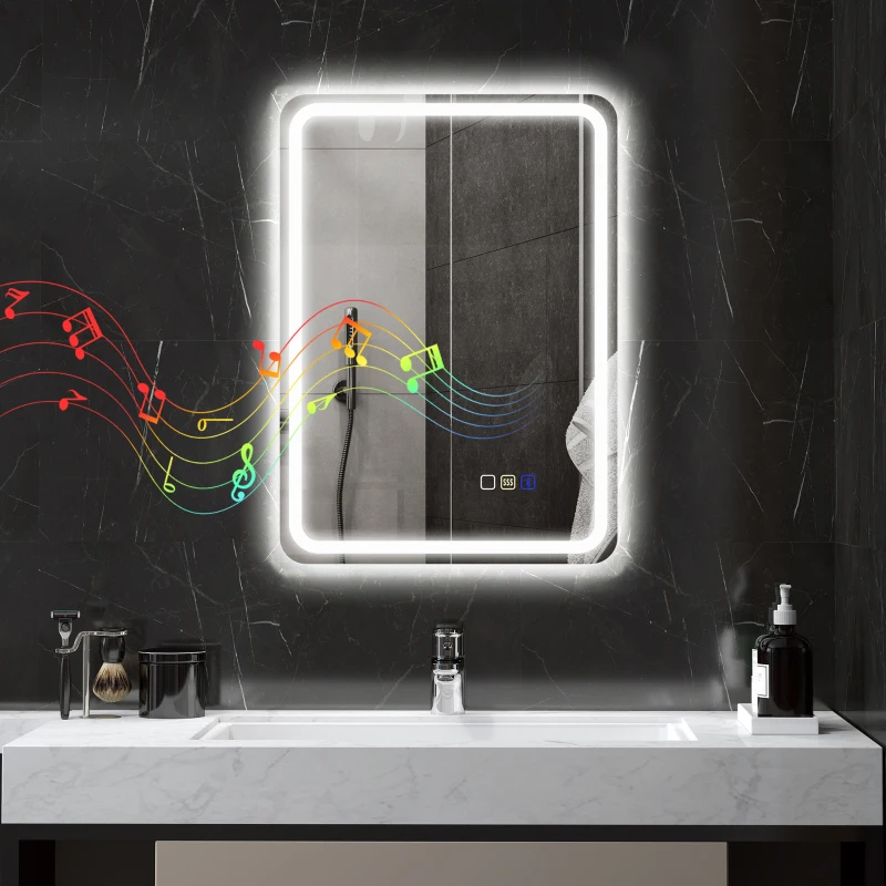 HOMCOM Specchio Bagno LED con Bluetooth, Illuminazione Regolabile e Funzione Memory, in Vetro Temperato, 70x50x3.5 cm