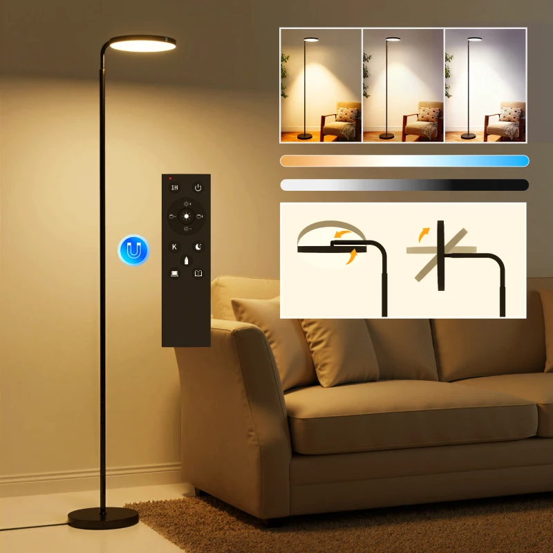 HOMCOM LED-Stehlampe mit magnetischer Fernbedienung, flexibel verstellbar, drehbar, Metall, Schwarz