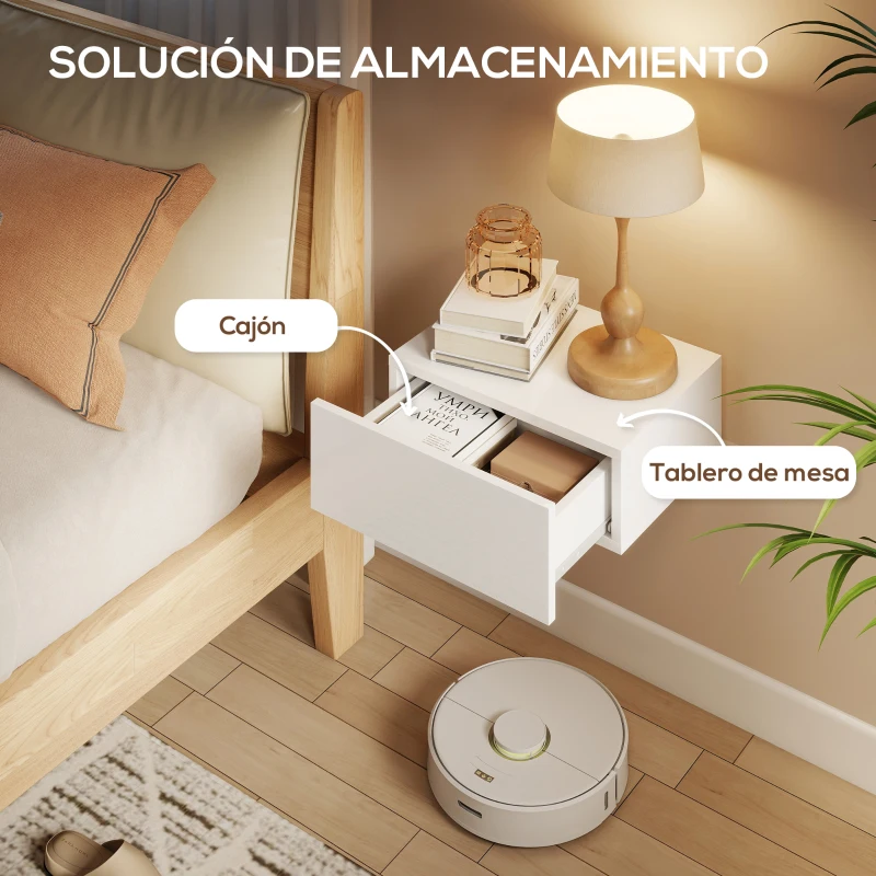 HOMCOM Juego de 2 Mesitas de Noche Flotantes con 1 Cajón Montado en la Pared Estilo Moderno para Dormitorio 40x30x15 cm Blanco