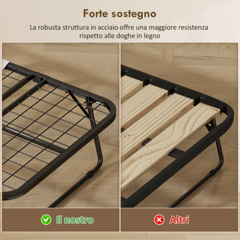 HOMCOM Letto Pieghevole Singolo 90x200 cm con Materasso Spesso 10 cm, Rete in Metallo e Ruote con Freno, Nero
