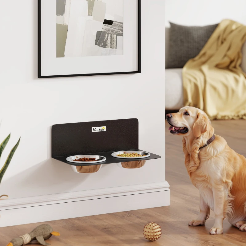PawHut Comedero para perros ajustable en altura comedero de pared con 2 x 800 ml cuencos de acero inoxidable 42 x 23,5 x 14 cm Negro