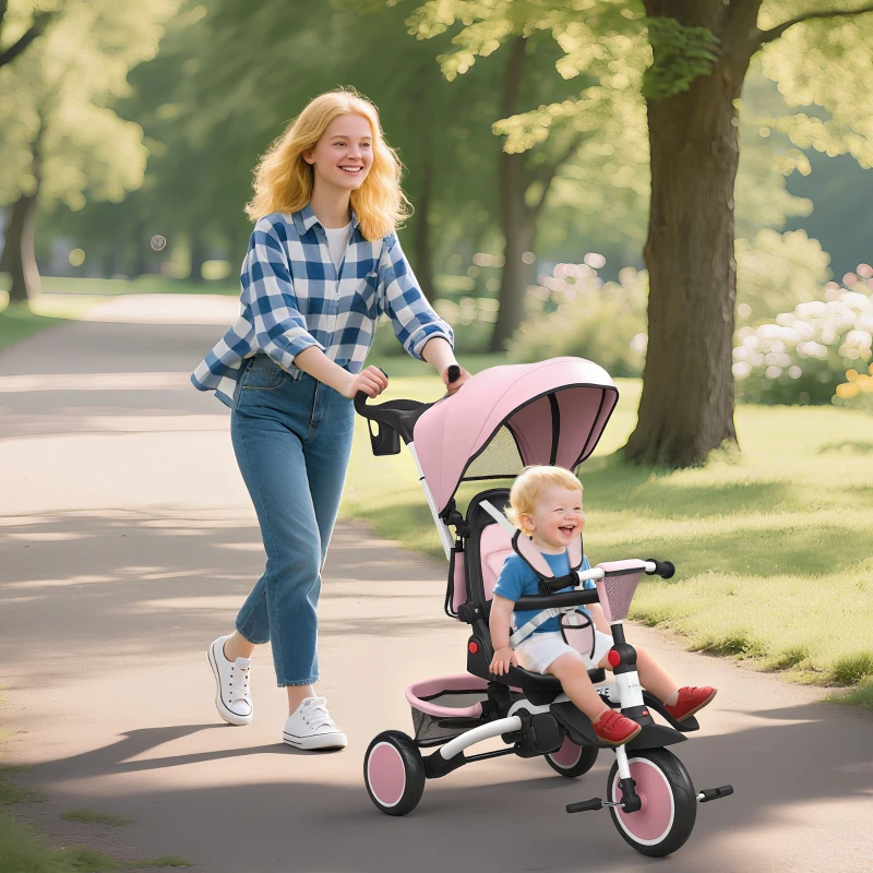 AIYAPLAY Tricycle bébé évolutif 6 en 1, tricycle enfant pliable avec poignée parentale réglable, siège pivotant 360°, rose