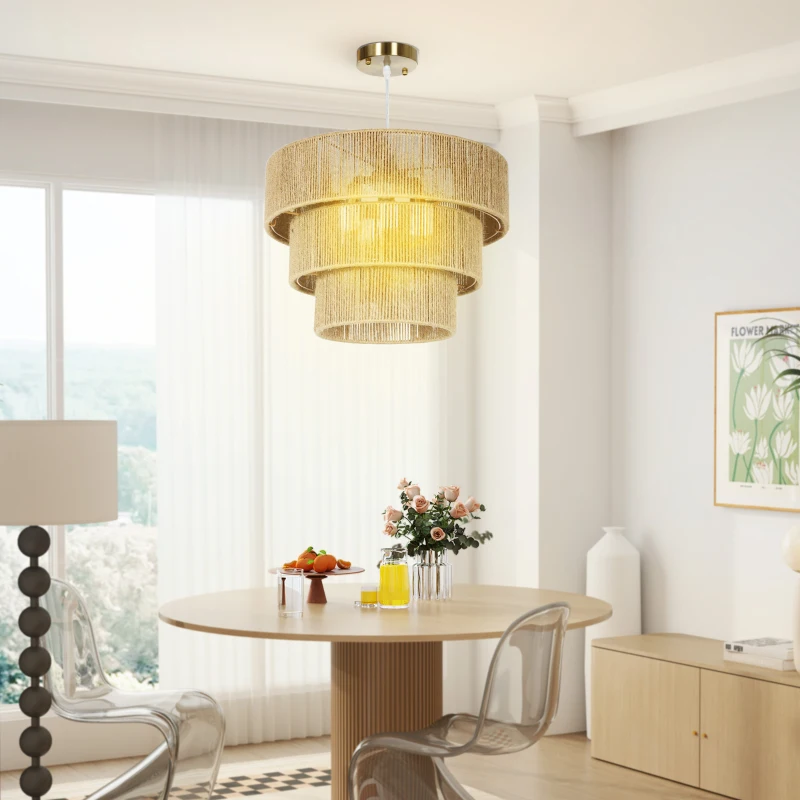 HOMCOM Hemp Rope Ceiling Light, 3-Layer Boho Pendant Light, 4 x E14 Vintage Ceiling Lamp Fixtures for Living Room, Bedroom, Kitchen, Hallway, Light Brown