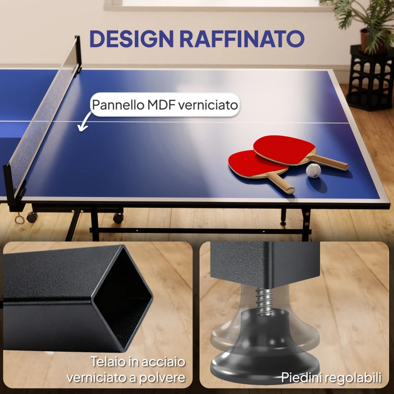 SPORTNOW Tavolo da Ping Pong Pieghevole per Interni con Ruote Girevoli, Rete, Racchette e Palline, Blu