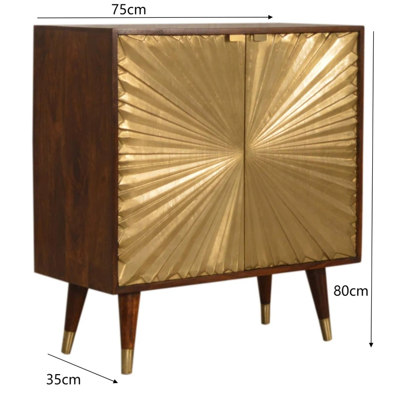 Solid Mango Wood Bedside Cabinet with Brass-Plated Doors, Clear Natural Finish, Cupboard for Living Room, 35L x 75W x 80H cm, Brown