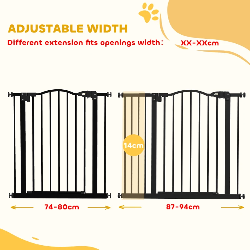 PawHut Metal 74-94cm Adjustable Pet Gate Safety Barrier w/ Auto-Close Door Black