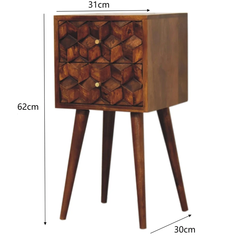 100% Solid Mango Wood Mini Cube Bedside with 2 Drawers, Stain-based Finish, Desk with Durable Construction, 30L x 31W x 62H cm, Brown