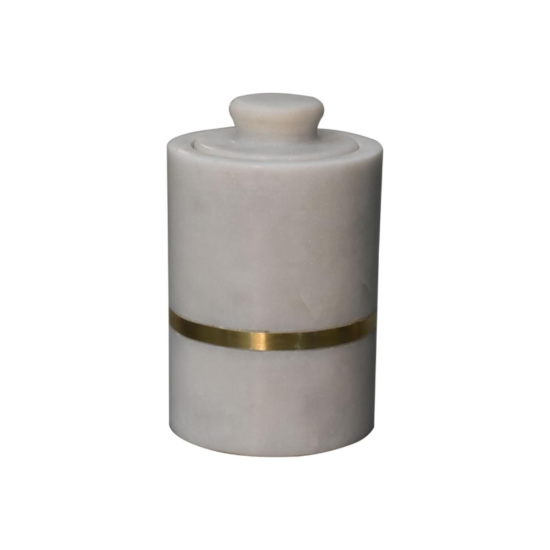 Set of 5 Marble Bathroom Accessory with Brass Inlay and Understated Sheen, Hand-Finished Set with Fully Assembled, 7.5L x 7.5W x 10H cm, White