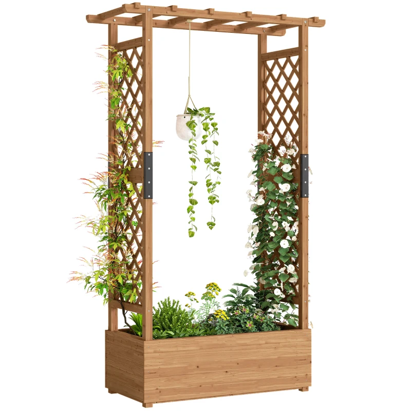 Outsunny Jardinieră înaltă cu spalier și acoperiș, pentru flori, fructe, legume, ierburi, 110 x 44 x 181 cm, lemn, Portocaliu