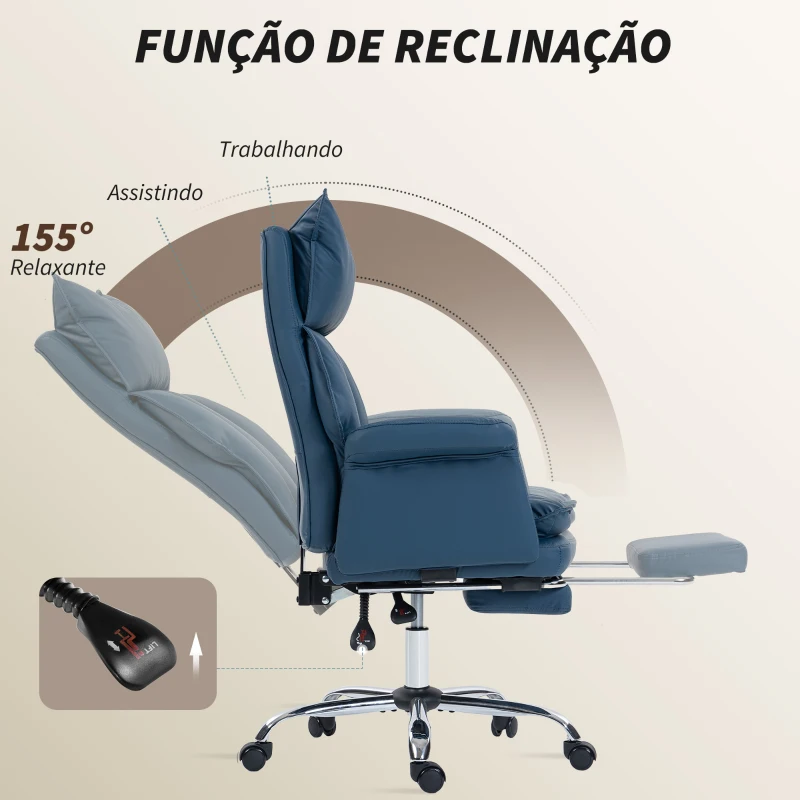 HOMCOM Cadeira de Secretária com Apoio para os Pés  Encosto Reclinável Estofada em Couro Sintético 69x65x108-116 cm Azul