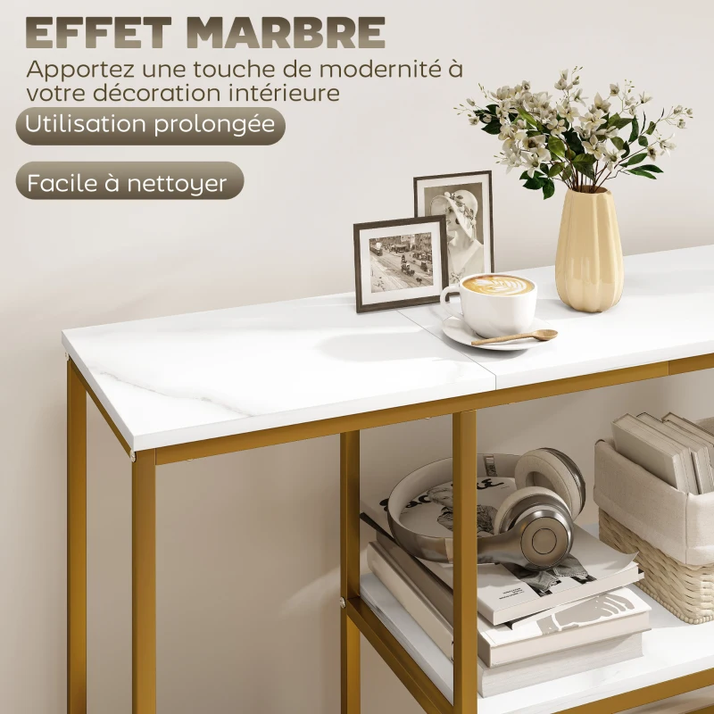 HOMCOM Console meuble 120 cm, table console 3 niveaux avec étagères de rangement, plateaux imitation marbre, blanc et doré