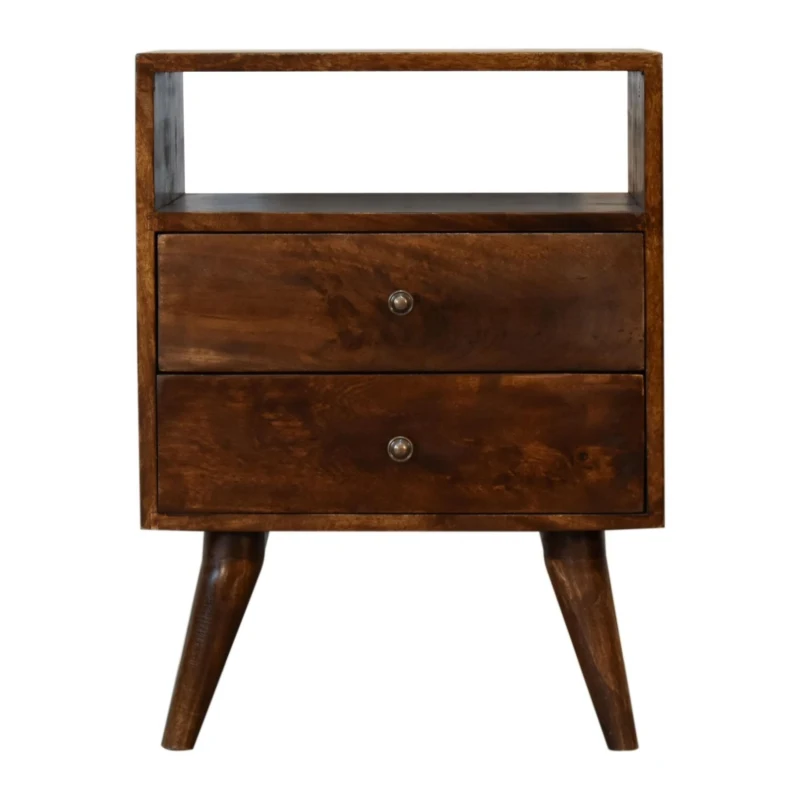 Solid Mango Wood Bedside Cabinet with 2 Smooth‑gliding Drawers, Classic Nightstand with Open Shelf, 35L x 45W x 60H cm, Brown