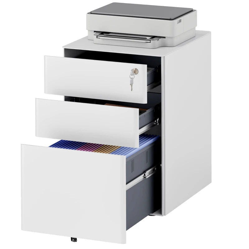 Vinsetto Lockable Cabinet, Rolling Filing Cabinet with 3 Drawers, Steel Office Drawer Unit for A4, Letter, Legal Sized Files