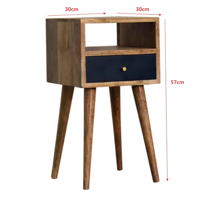Solid Wood Mini Hand-Painted Bedside Table with 1 Drawer and Open Shelf, Bedside Chest with Artisanal Finish, 30L x 30W x 57H cm, Brown