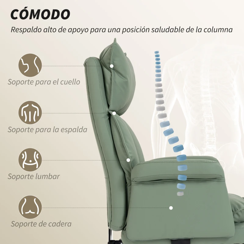 HOMCOM Silla de Escritorio con Reposapiés Respaldo Reclinable Alto Acolchado Grueso Tapizada en Cuero Sintético Ruedas Verde