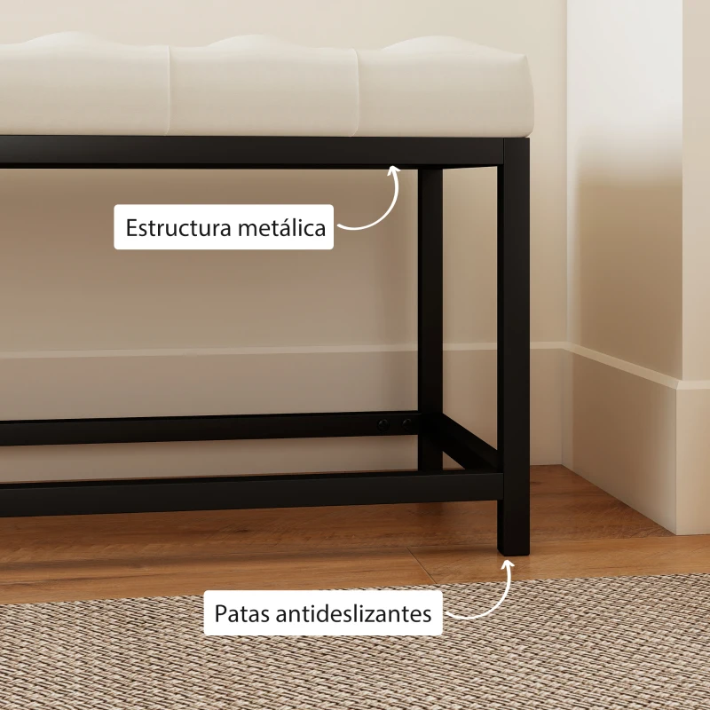 HOMCOM Banco Pie de Cama Tapizado en Terciopelo Diseño Capitoné Base de Metal para Dormitorio Entrada Salón Crema