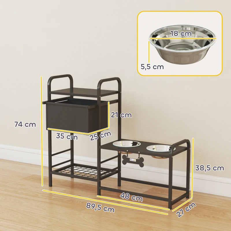 PawHut Comedero Perro Elevado con Cajón de Tela 2 Cuencos de Acero Inoxidable 2x800 ml Altura Ajustable 2 Estantes Negro