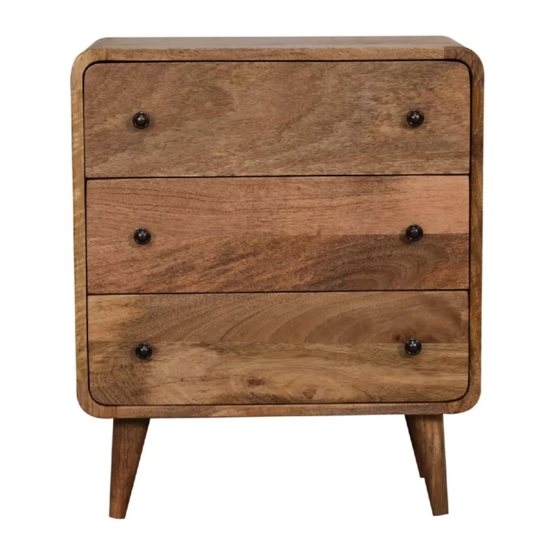 Solid Mango Wood Mini Curved Chest with 3 Drawers, Clear Natural Finish, Handcrafted Design with Secure Packaging, 30L x 55W x 65H cm, Brown