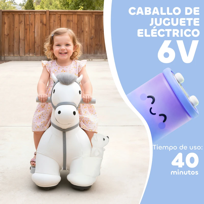 AIYAPLAY Caballito Eléctrico con Música Batería 6V Tacto Suave Ruedas Silenciosas de PU Marcha Adelante Blanco