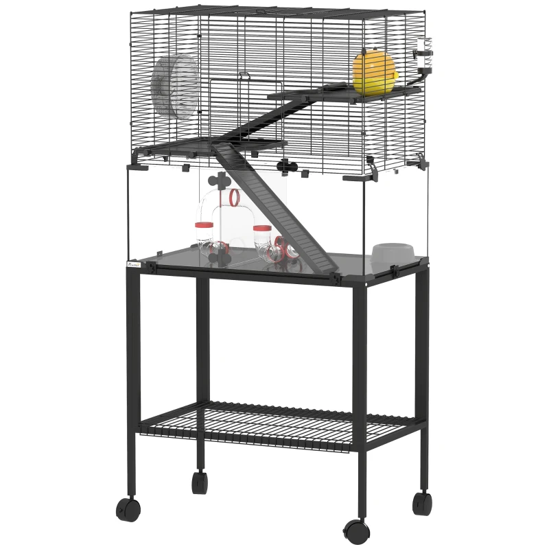 PawHut Hamsterkäfig, Kleintiergehege mit 3 Ebenen, Laufrad, Hütte, Plattformen, Rampen, Futterschale, Wasserflasche, Zubehör, Stahl, Kunststoff, Schwarz