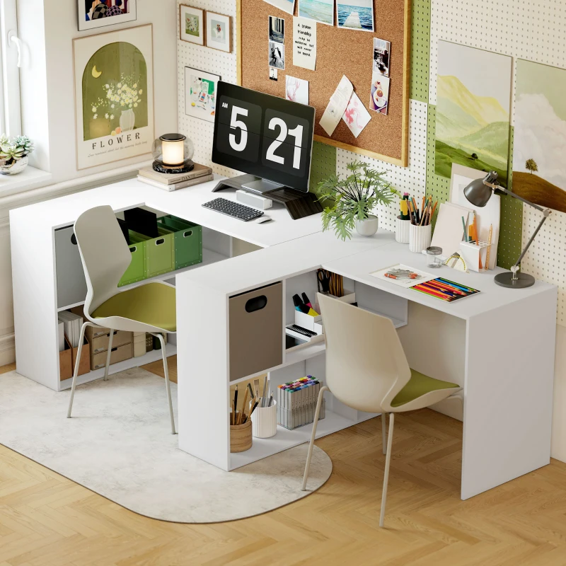HOMCOM Modern Corner Desk with Shelf and Fabric Drawer, 110x100x75 cm, White