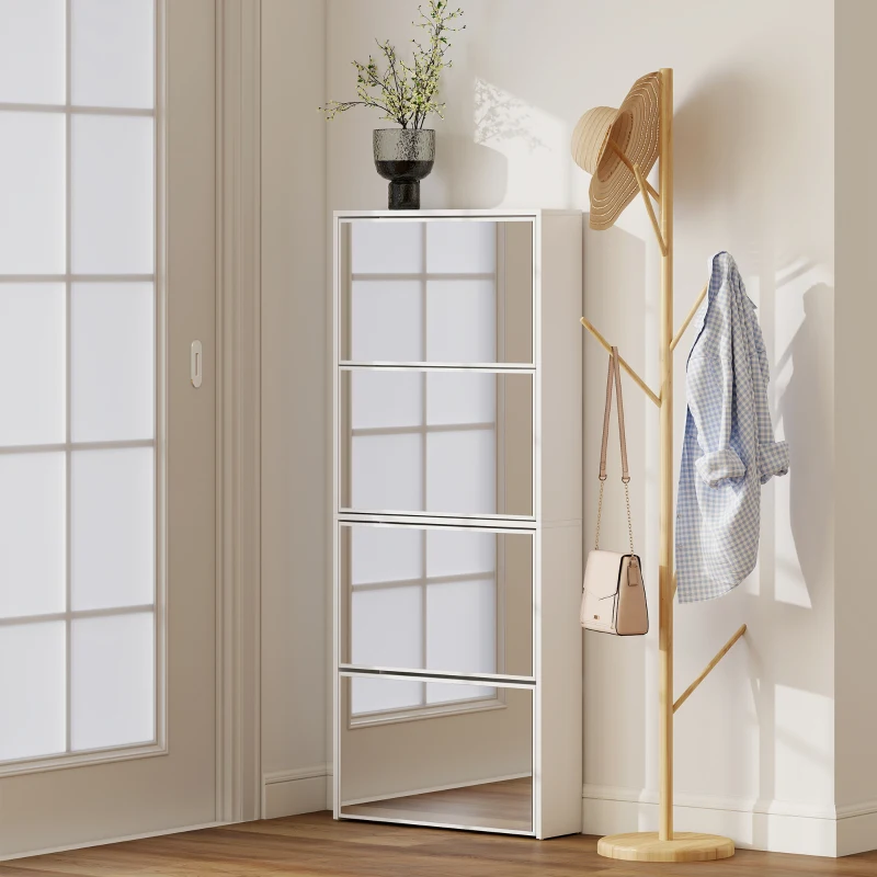 HOMCOM Sapateira Estreita com Espelho 4 Portas Abatíveis para 12 Pares de Sapatos para Espaços Reduzidos 63x17x146 cm Branco