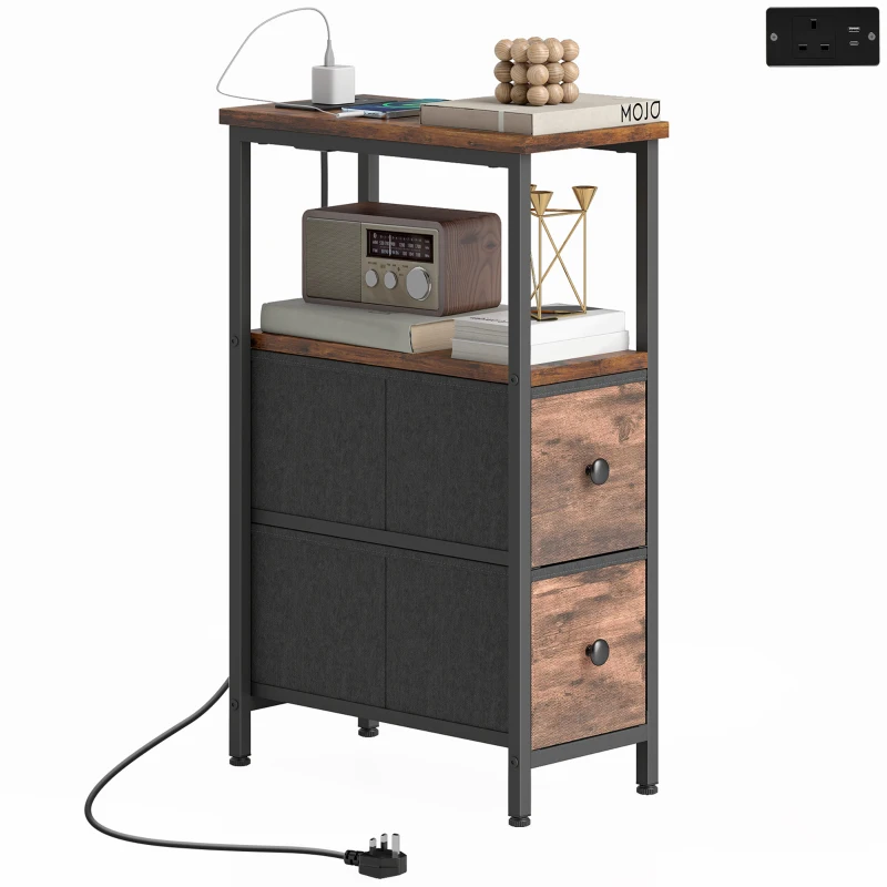 HOMCOM Side Table, Narrow Bedside Table with Charging Station, 2 Drawers, AC Outlet and 2 USB Ports for Living Room, Bedroom