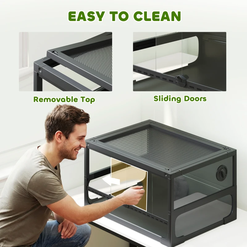 PawHut Terrario Elevado y Plegable con Tapa y Paredes en Vidrio Templado y Plástico, 60x45x32 cm, Negro