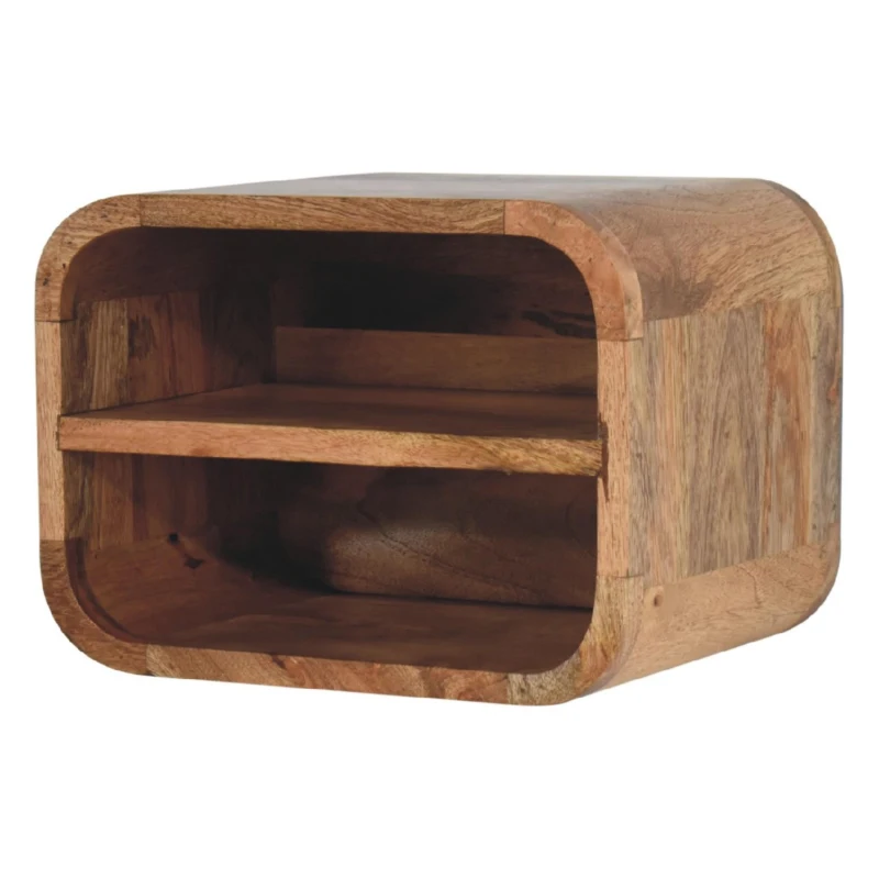 Solid Wood Floating Bedside Table with Open-Curve Wall-Mounted Design, Hand-Finished Desk with 2 Shelves, 25L x 35W x 25H cm, Brown