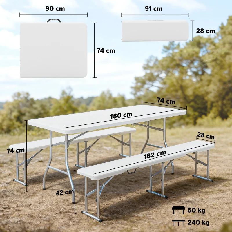 Outsunny Set Masă de Camping Pliabilă cu 2 Scaune, 180x74x74 cm, Alb