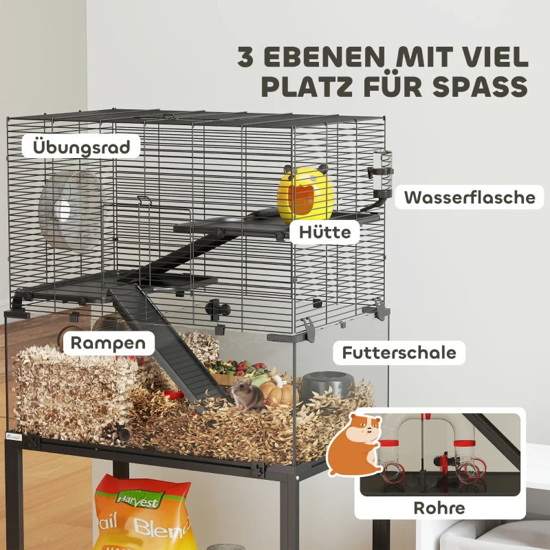 PawHut Hamsterkäfig, Kleintiergehege mit 3 Ebenen, Laufrad, Hütte, Plattformen, Rampen, Futterschale, Wasserflasche, Zubehör, Stahl, Kunststoff, Schwarz
