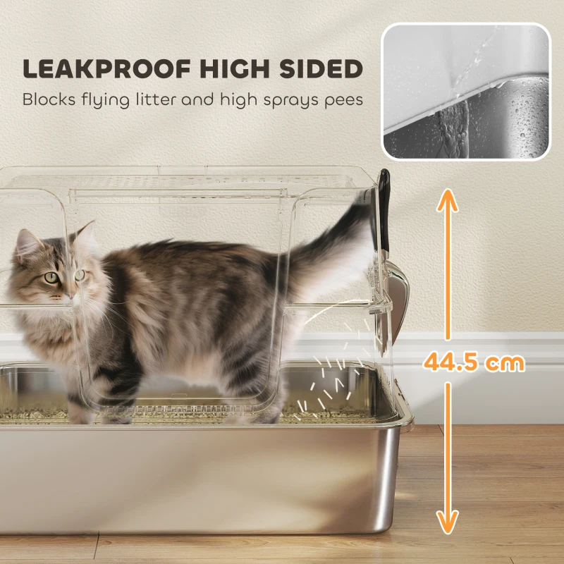PawHut XL Stainless Steel Litter Box w/ 100° Flip Top, Scoop, Side Top Dual Entry, Odor Free, Easy Cleaning, Anti Leakage