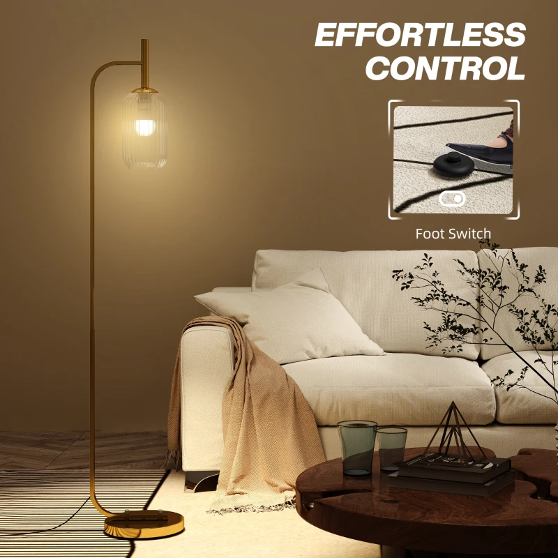 HOMCOM LED Floor Lamp for Living Room with Glass Lampshade, Modern Standing Lamp with Foot Switch, Adjustable Brightness, 2700K for Bedroom, Gold Tone
