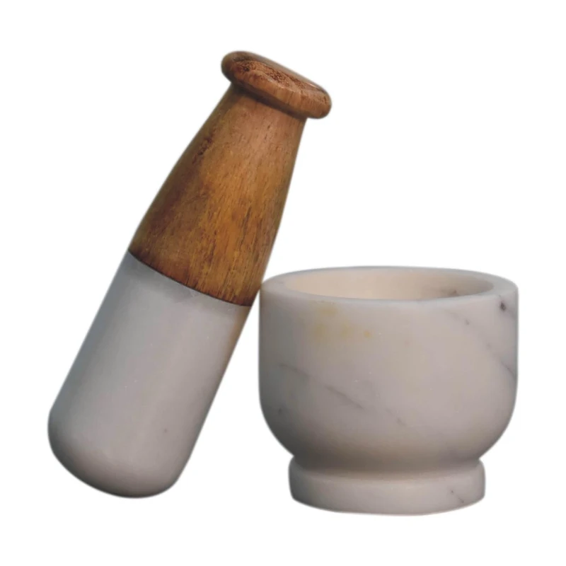Small Marble Pestle and Mortar with Handcrafted Wood, Compact Kitchen Accessory Set with Marble Blend, 7L x 7W x 6H cm, Brown+White