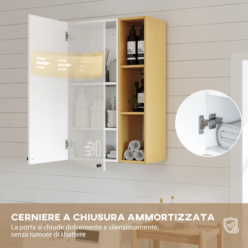 HOMCOM Armadietto Bagno a Parete con Ripiani Regolabili e 3 Mensole Aperte, 59.5x30x90 cm, Bianco e Legno