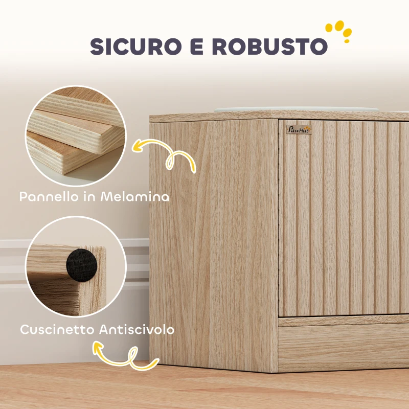 PawHut Portaciotole per Cani con 2 Ciotole da 2L in Acciaio Inox e Armadietto Inferiore, in Legno, 60x30x35.5 cm, Rovere