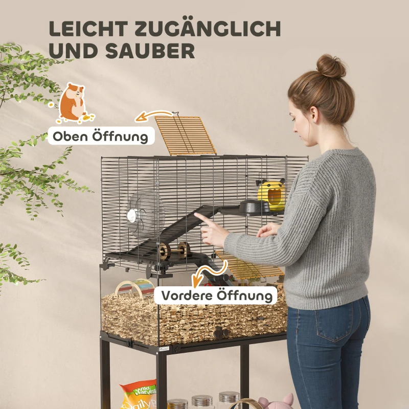 PawHut Hamsterkäfig, Kleintiergehege mit 3 Ebenen, Laufrad, Hütte, Plattformen, Rampen, Futterschale, Wasserflasche, Zubehör, Stahl, Kunststoff, Schwarz