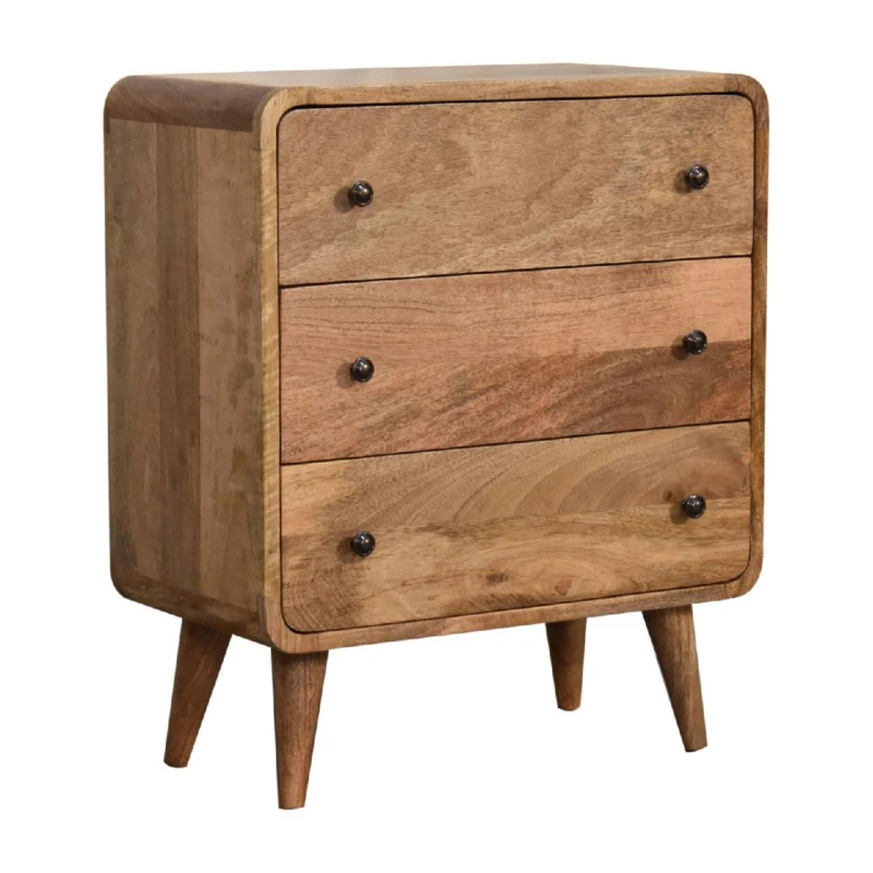 Solid Mango Wood Mini Curved Chest with 3 Drawers, Clear Natural Finish, Handcrafted Design with Secure Packaging, 30L x 55W x 65H cm, Brown