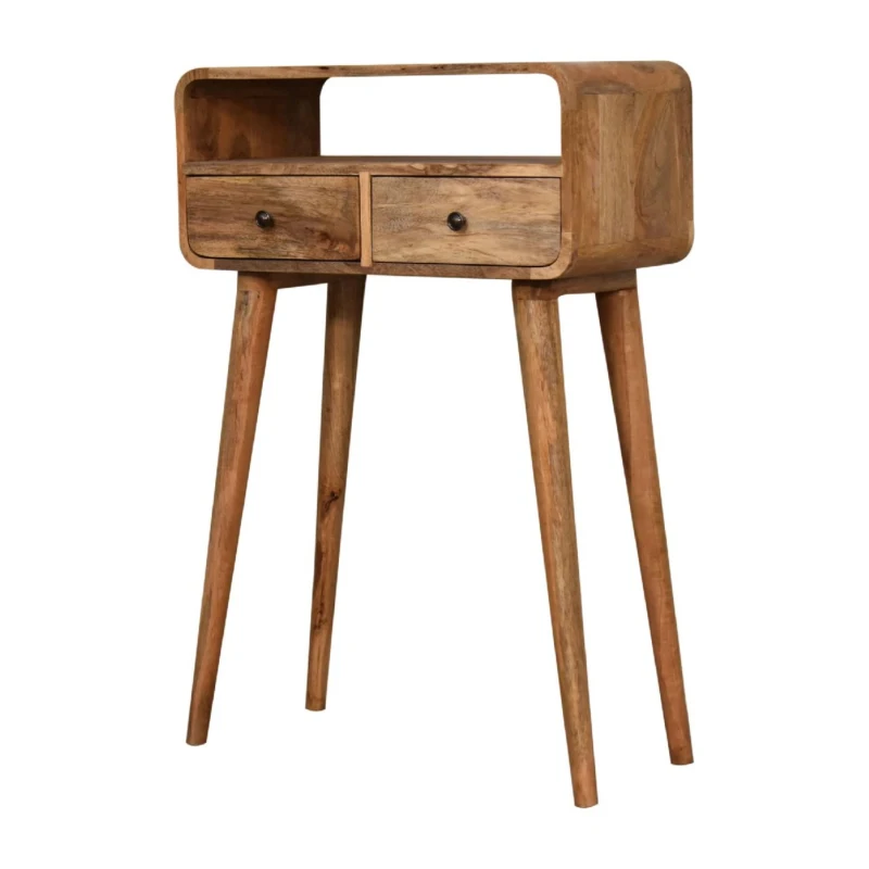 Solid Mango Wood Mini Curved Console Table with 2 Drawers and Open Slot, Bedside Cabinet with Clear Natural Finish, 30L x 60W x 90H cm, Brown