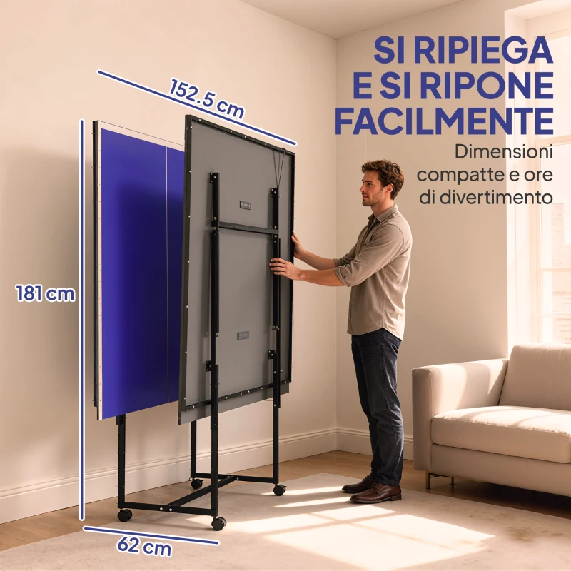 SPORTNOW Tavolo da Ping Pong Pieghevole per Interni con Ruote Girevoli, Rete, Racchette e Palline, Blu
