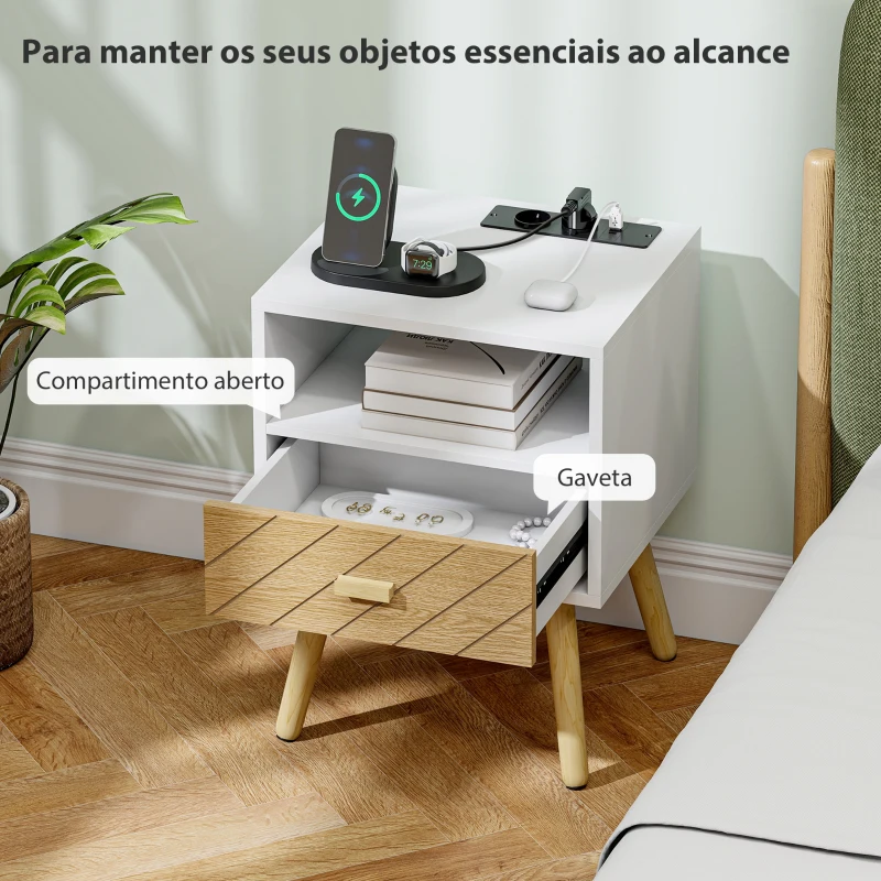 HOMCOM Mesa de Cabeceira com Estação de Carregamento Gaveta 2 Tomadas AC Porta USB e Tipo-C  40x35x54,7 cm Branco