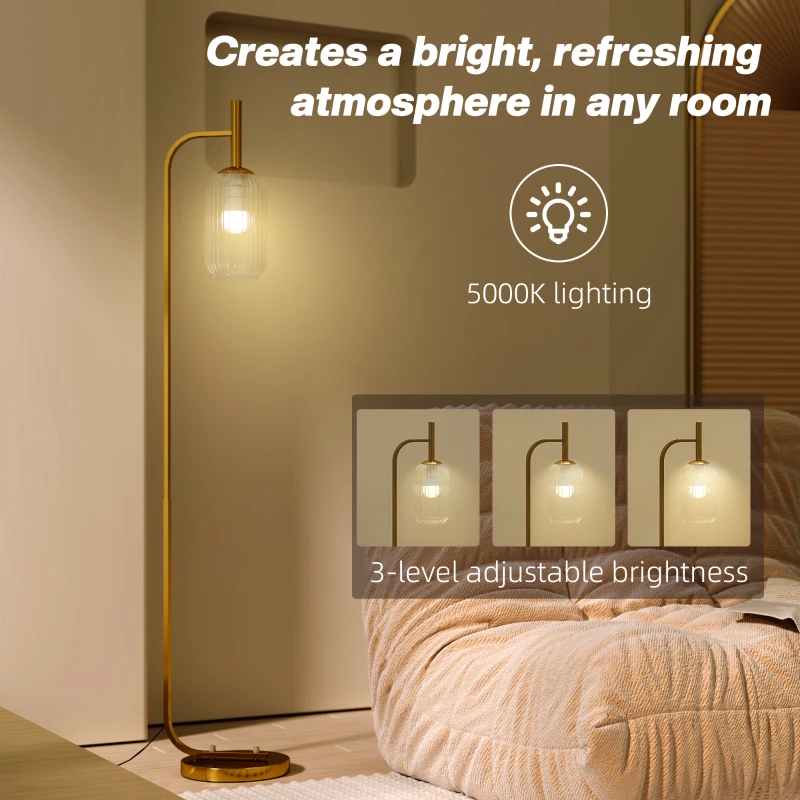 HOMCOM LED Floor Lamp for Living Room with Glass Lampshade, Modern Standing Lamp with Foot Switch, Adjustable Brightness, 2700K for Bedroom, Gold Tone