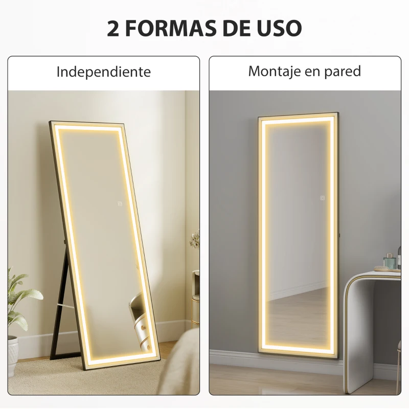 HOMCOM Espejo de Pie Cuerpo Entero con Luces 165x60 cm de Pie o de Pared 3 Temperaturas de Color Ajustables Blanco y Negro