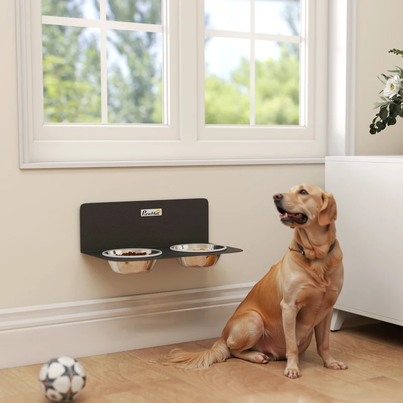 PawHut Comedero para perros ajustable en altura comedero de pared con 2 x 800 ml cuencos de acero inoxidable 42 x 23,5 x 14 cm Negro