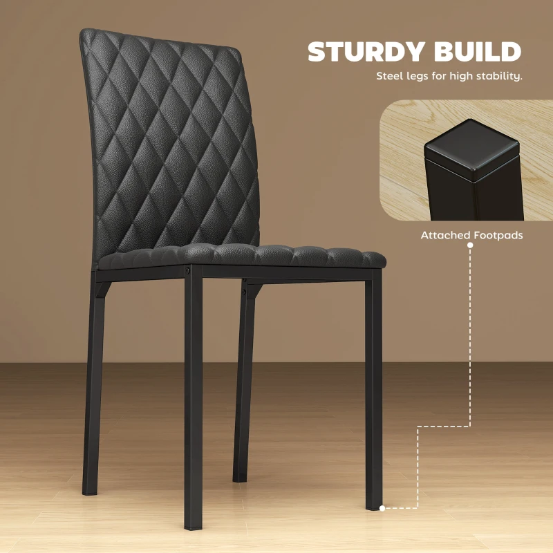 HOMCOM Set de 4 Scaune din Piele Ecologică cu Cusături Romboidale și Picioare din Oțel, 41x50x91 cm, Negru(m-4)