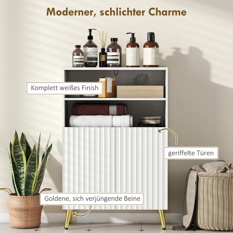 HOMCOM Badezimmerschrank, Kommode für Wohnräume, Soft-Close-Türen, 2 offene Regale, MDF, Weiß