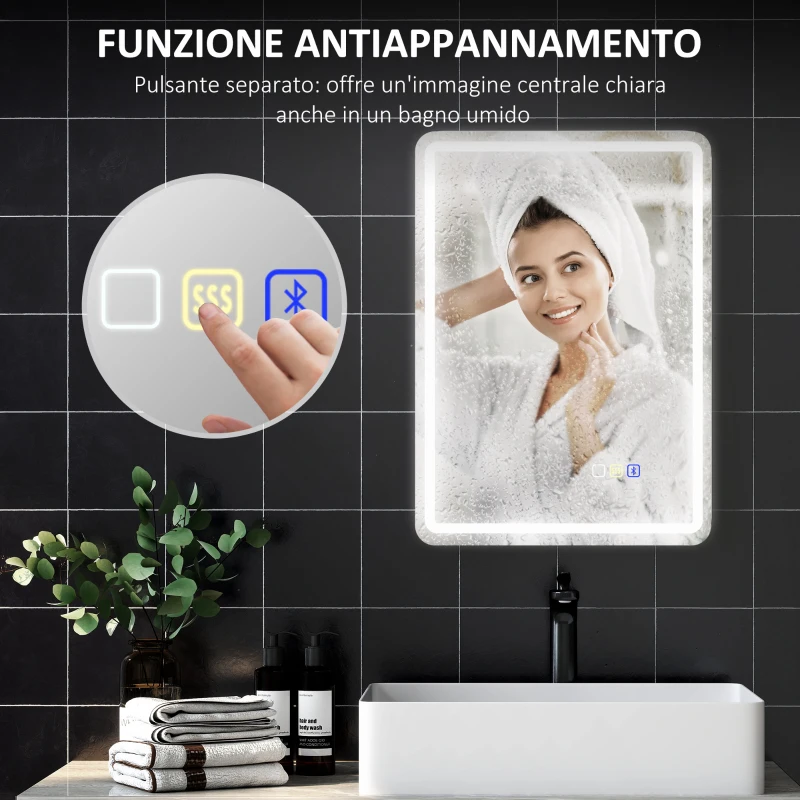 HOMCOM Specchio Bagno LED con Bluetooth, Illuminazione Regolabile e Funzione Memory, in Vetro Temperato, 70x50x3.5 cm