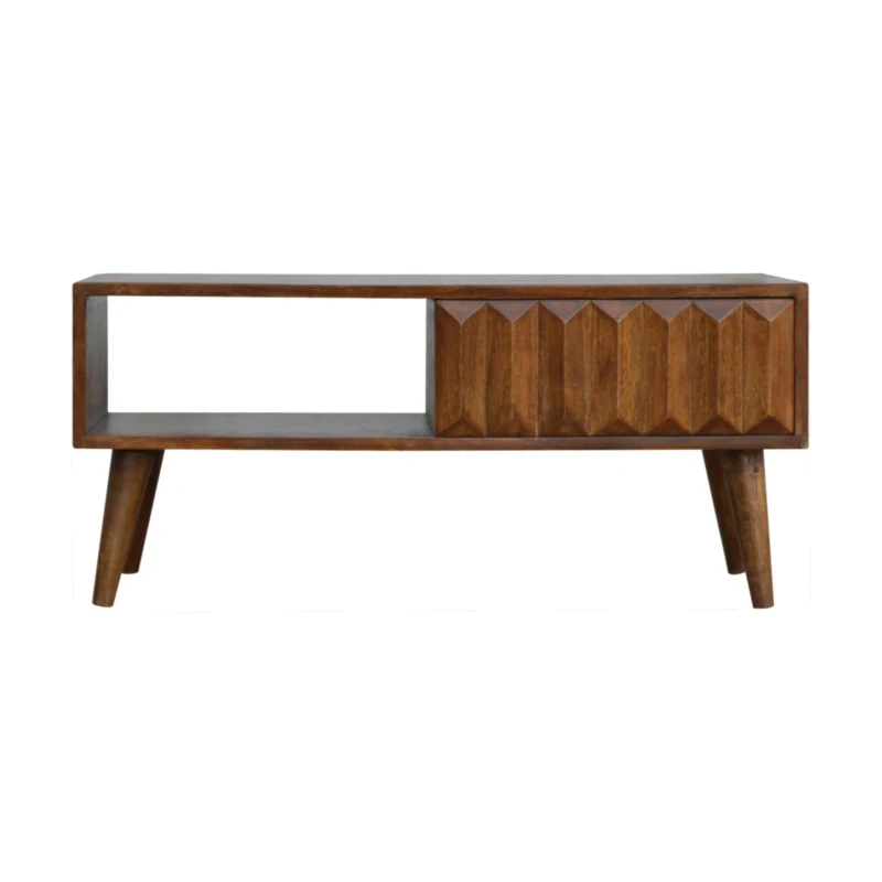 Solid Mango Wood Media Unit with Sliding Door and Open Slot Storage, Hand-finished Table with Unique Grain, 35L x 88W x 40H cm, Brown