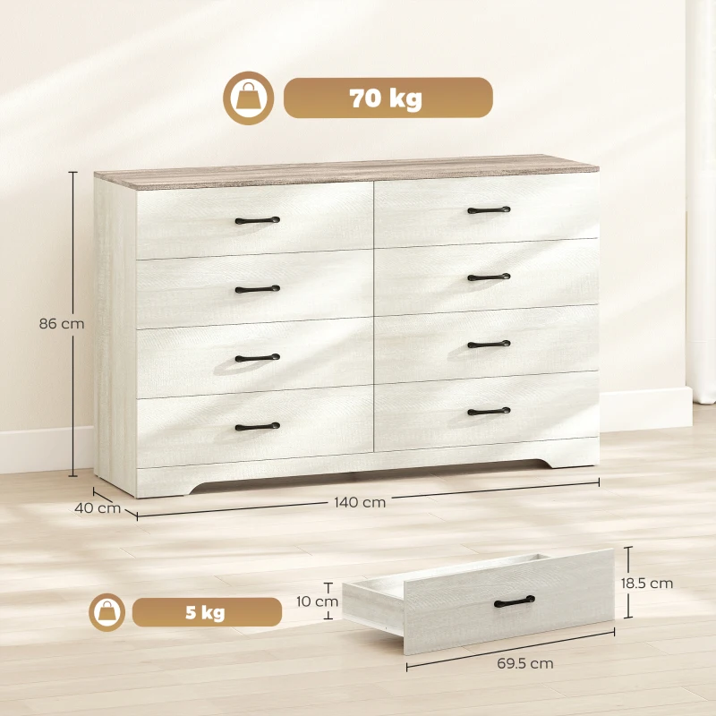 HOMCOM Cassettiera 8 Cassetti Moderna in Legno, 140x40x86 cm, Noce e Grigio Chiaro